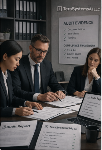 Audit team reviewing evidence and compliance documentation during launch assessment